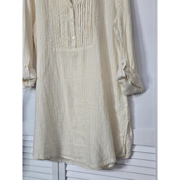 Cynthia Rowley Tunic M 100% Linen Off White Yellow Stripe Pleat Button Shirt Top - Picture 3 of 6